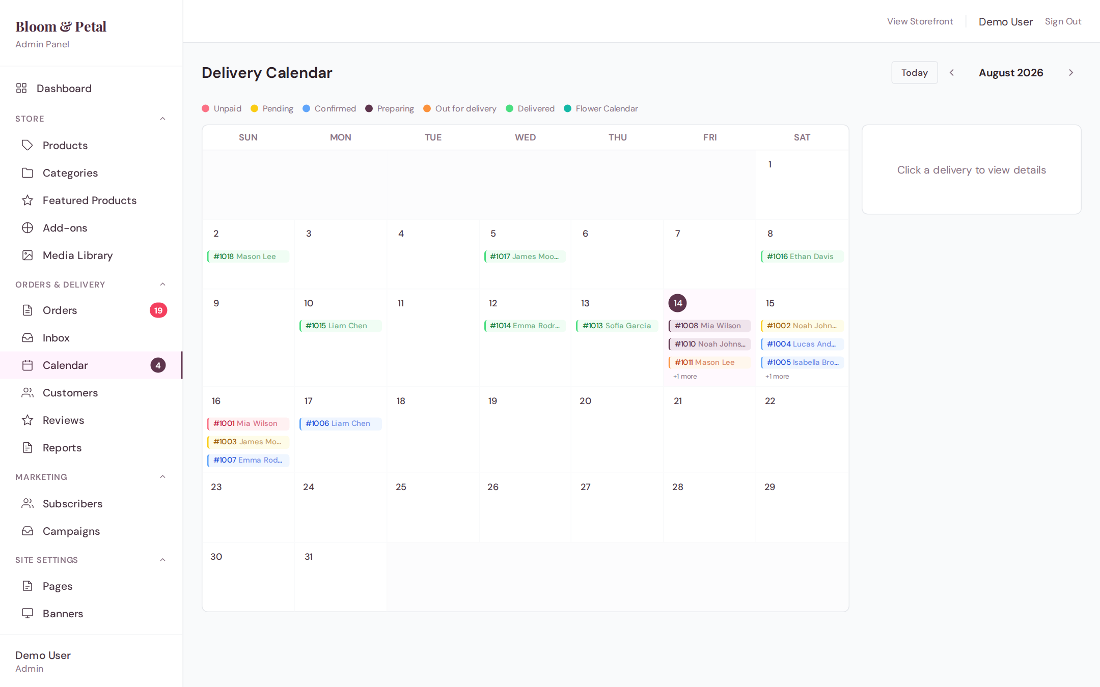 Delivery calendar